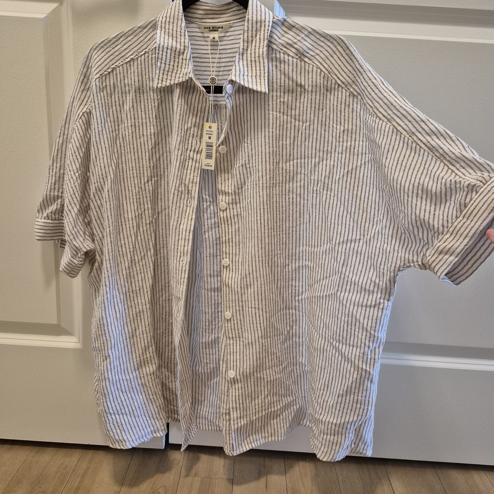 Max Studio Striped Button Down Shirt - White and Gray